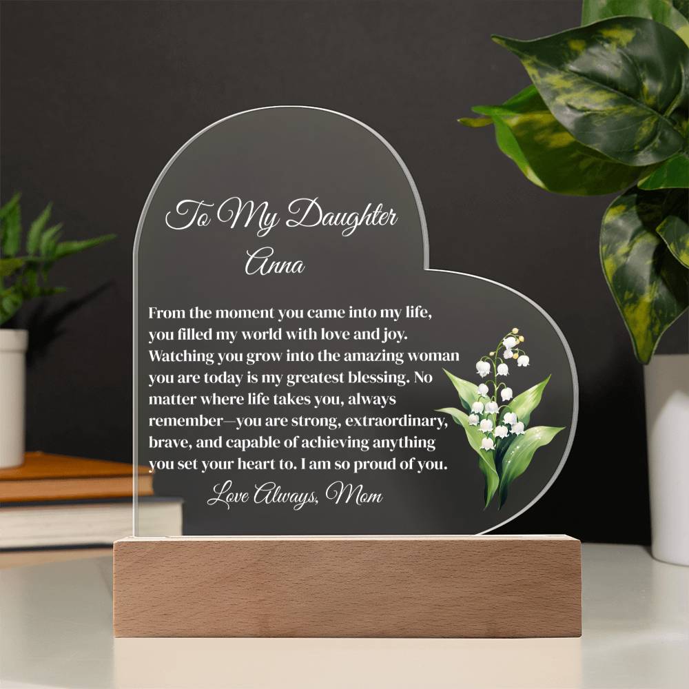 Personalized Daughter Lighted Acrylic Heart Plaque with Birth Flower
