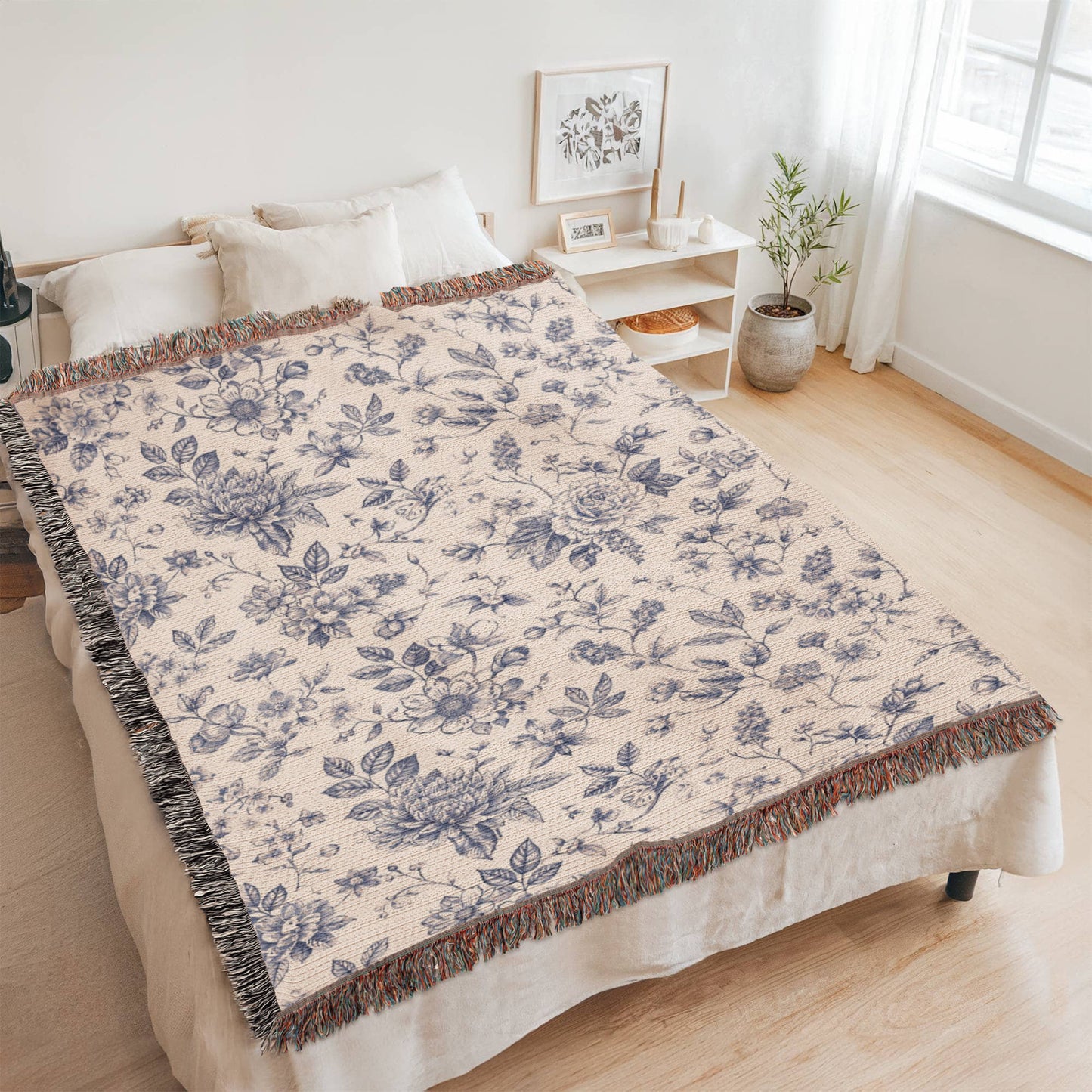 Toile de Jouy Woven Blanket, Blue Floral Tapestry Throw, French Country Decor, Floral Pattern Blanket, Gift for Loved Ones