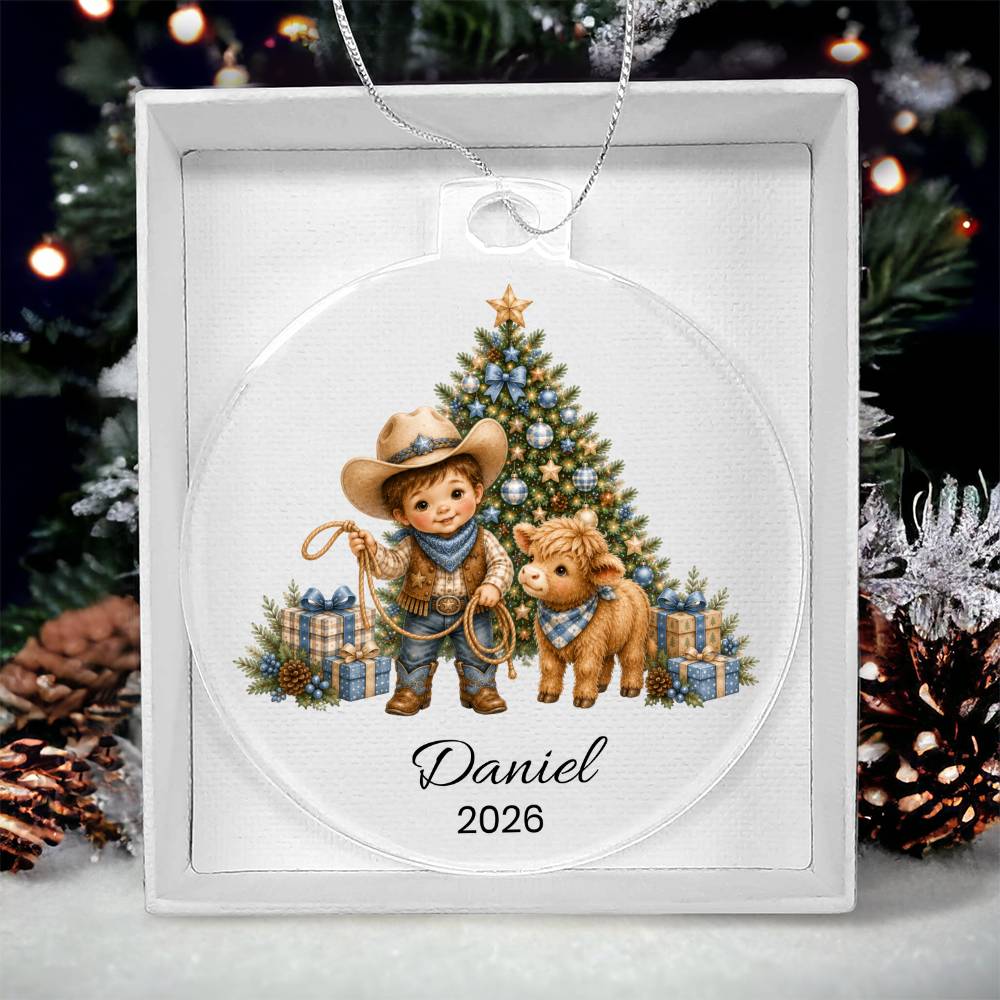 Highland Cow Cowboy Christmas Ornament