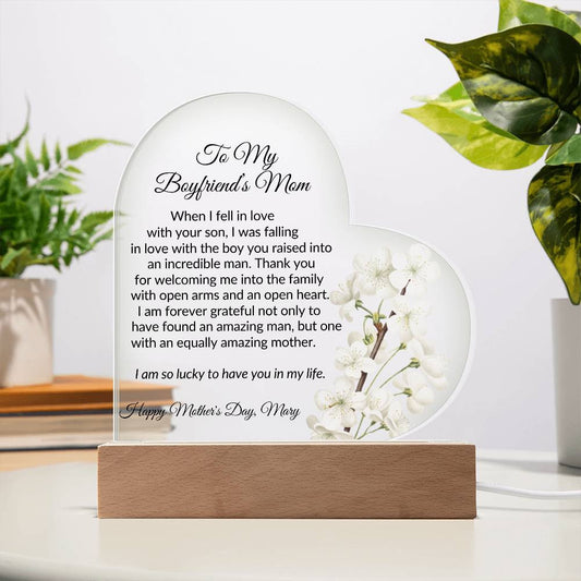 Boyfriends Mom Acrylic Heart Plaque