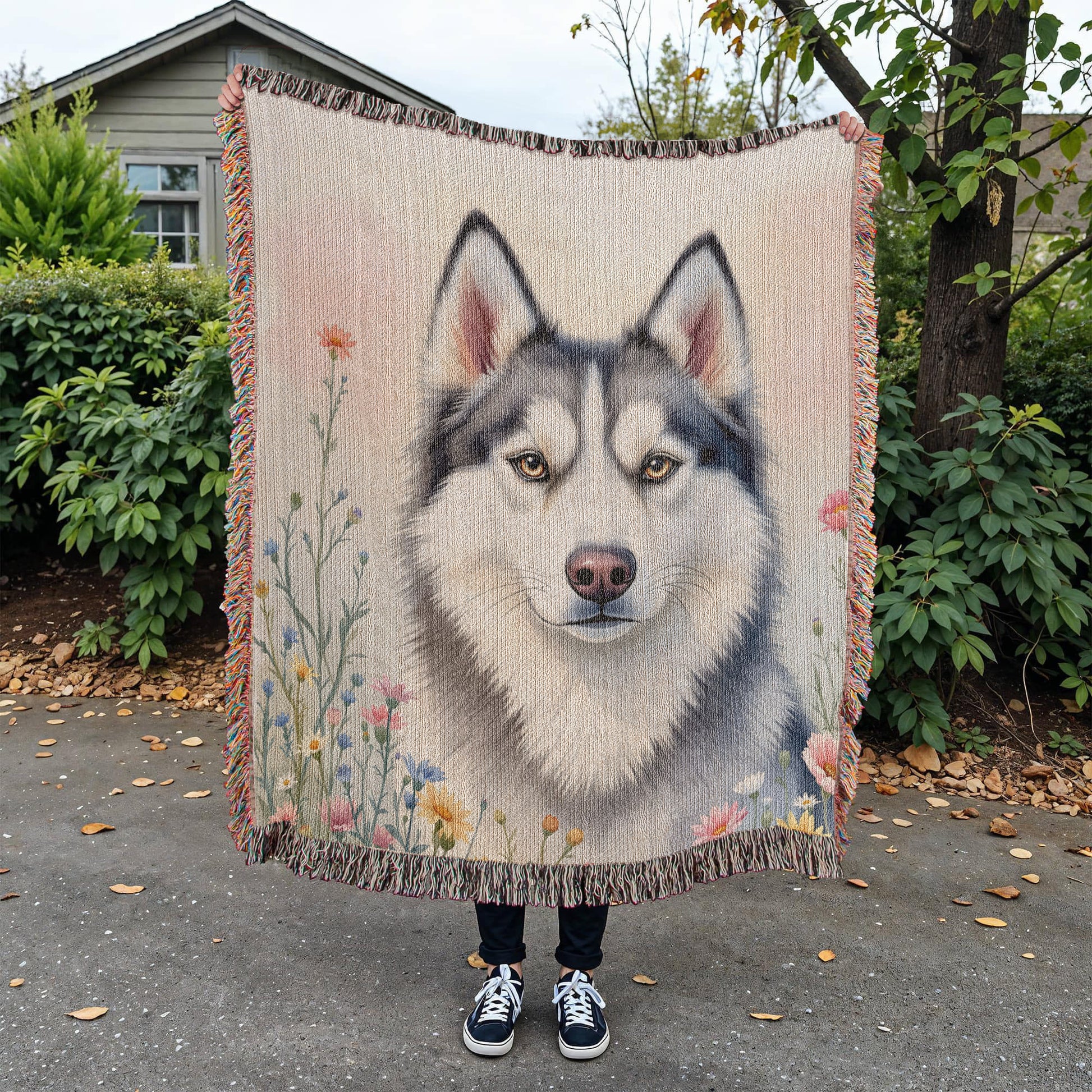 Husky Dog Wildflowers Woven Blanket-[Heartfelt Family Gift]