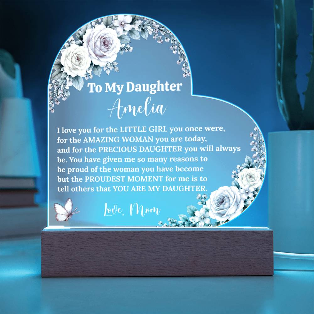Daughter Lighted Heart Gift, Acrylic Plaque with LED Base, Color-Changing Heart for Birthday, Graduation Keepsake, Wedding Gift