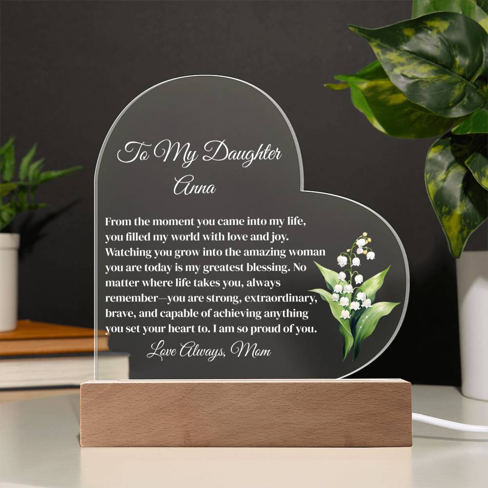 Personalized Daughter Lighted Acrylic Heart Plaque with Birth Flower