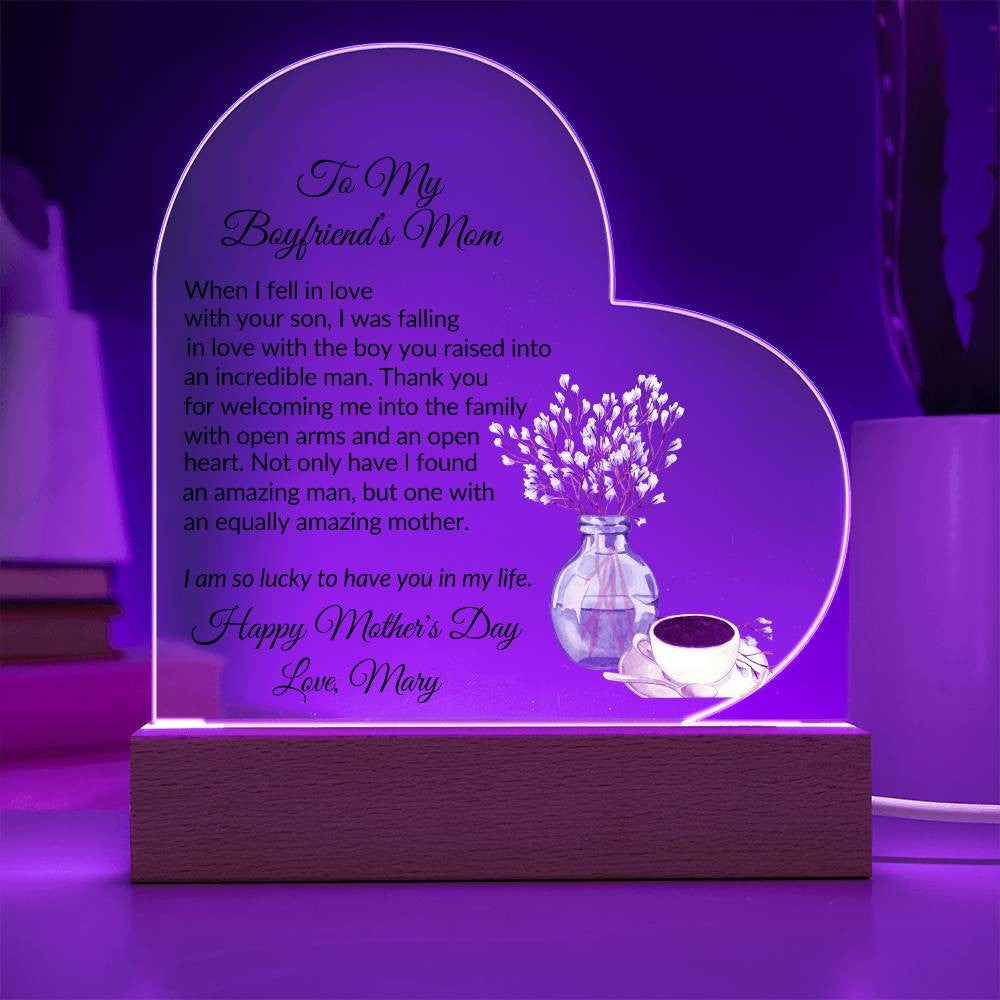 Boyfriends Mom Acrylic Heart Plaque with 2 Lines Personalized Text-[Heartfelt Family Gift]