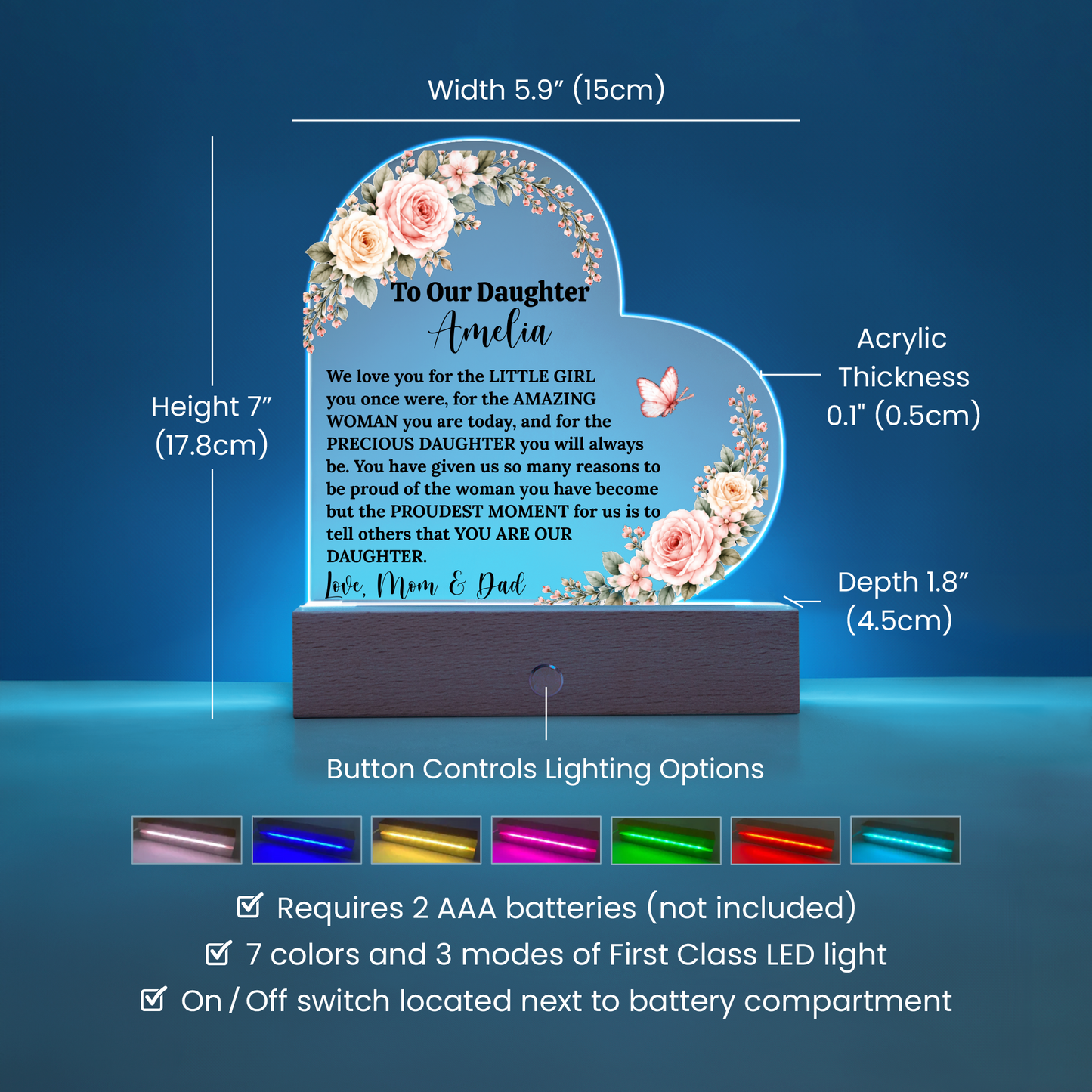 Daughter Lighted Heart Gift, Acrylic Plaque with LED Base, Color-Changing Heart for Birthday, Graduation Keepsake, Wedding Gift