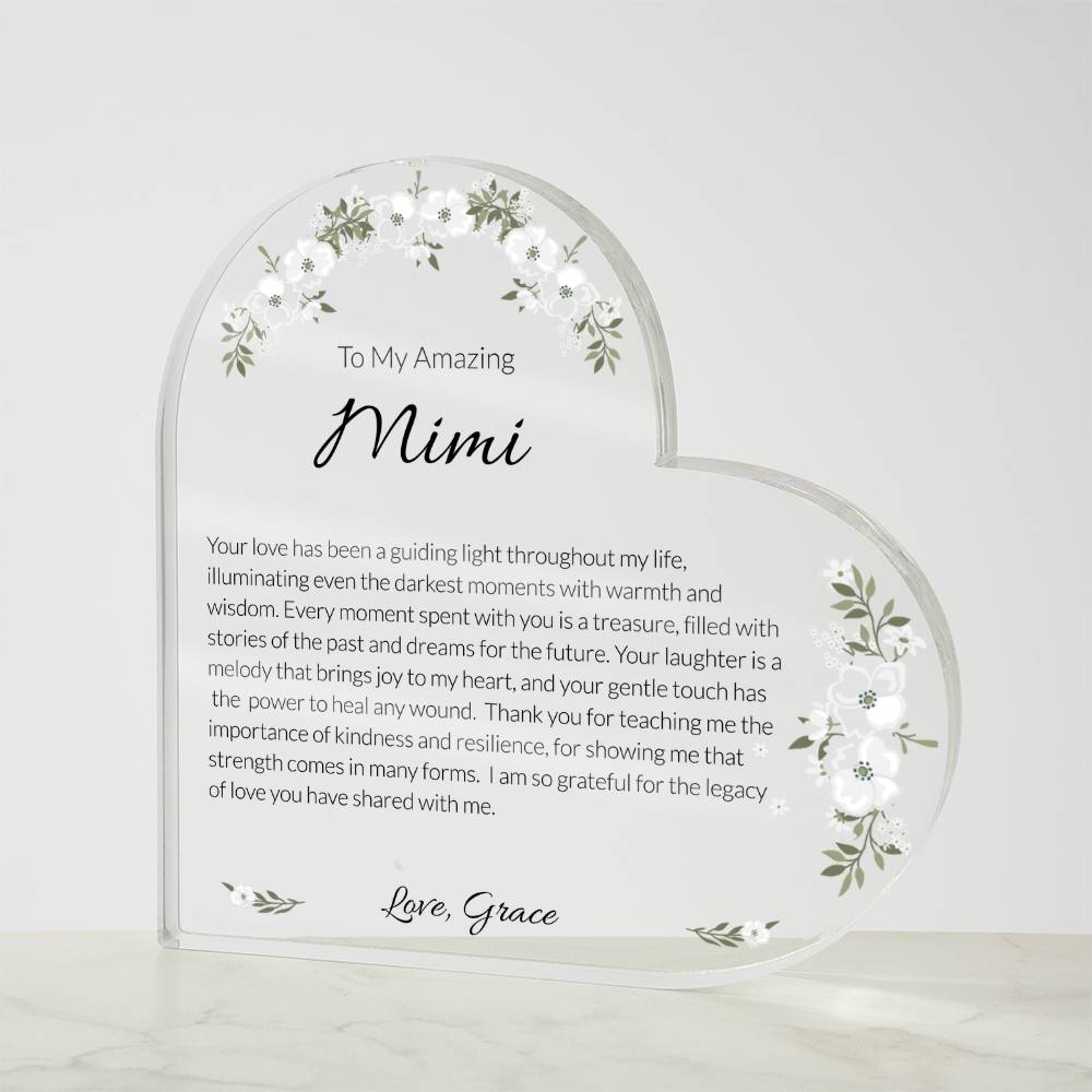 Mimi Acrylic Heart Plaque, Grandma Gift, Personalized Grandma Keepsake, Heartfelt Grandmother Tribute, Mother's Day Gift for Mimi