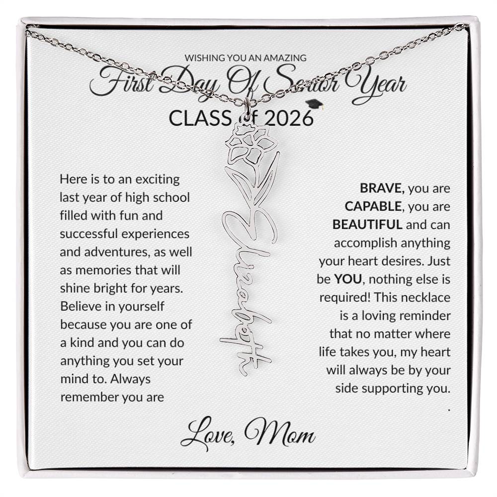 1st Day of Senior Year Class of 2026 Birthflower Name Necklace