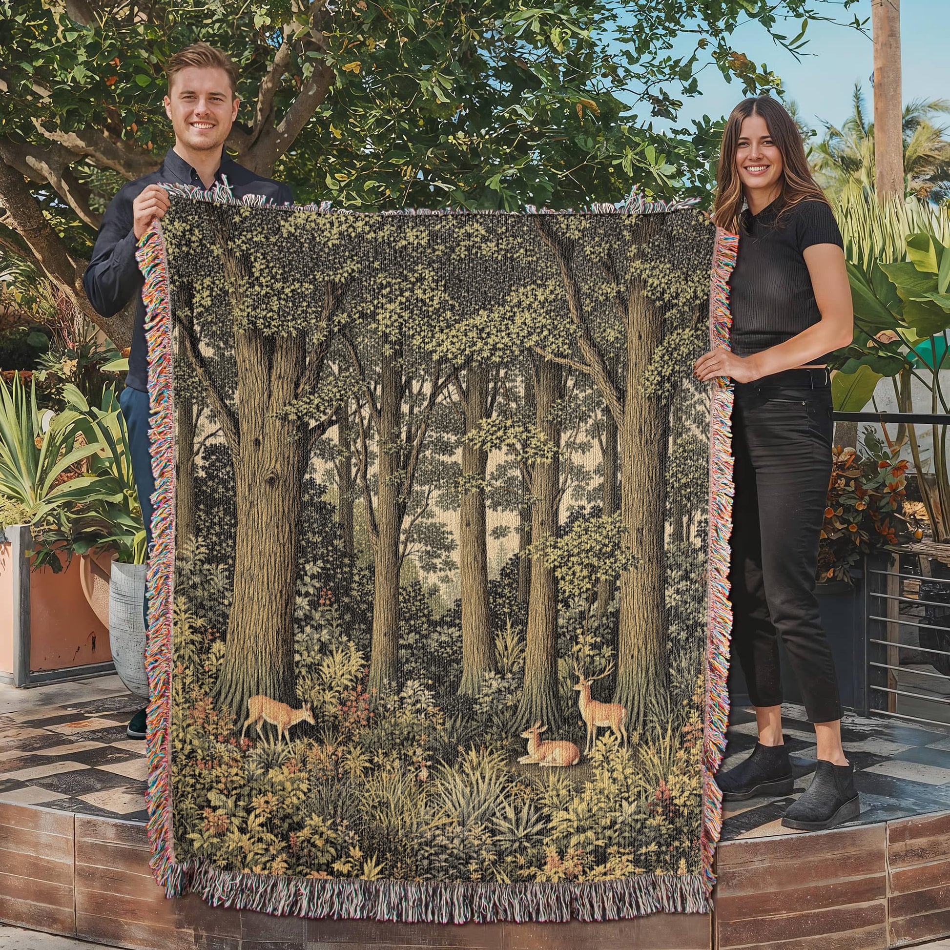 Forestcore Deer Woven Cotton Throw-[Heartfelt Family Gift]