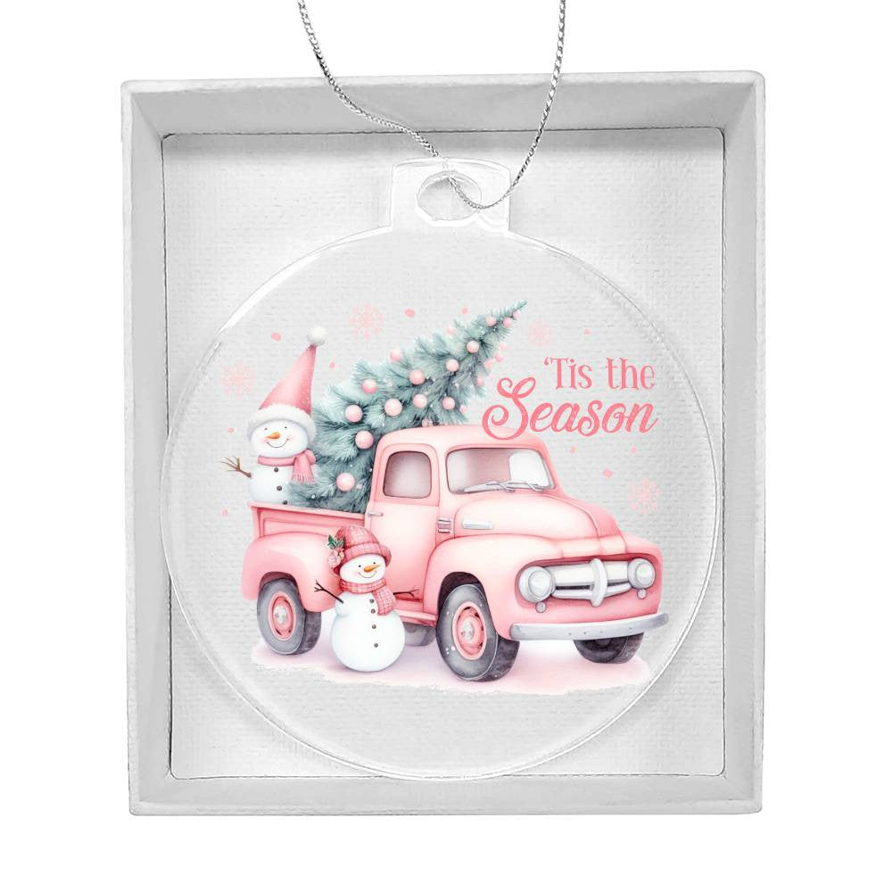 Pink Xmas Tree Pickup Truck Tis the Season Acrylic Christmas Ornament-[Heartfelt Family Gift]