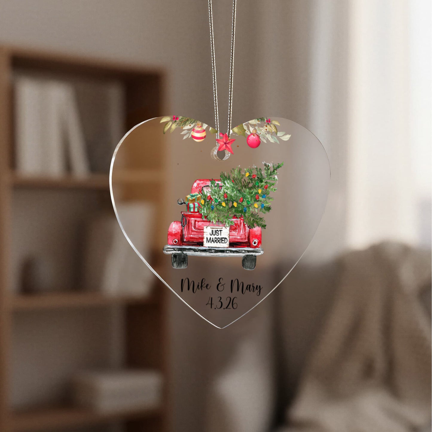 First Christmas Married Ornament, Personalized Acrylic Heart, Vintage Truck Keepsake, Newlywed Holiday Gift, Custom Wedding Ornament