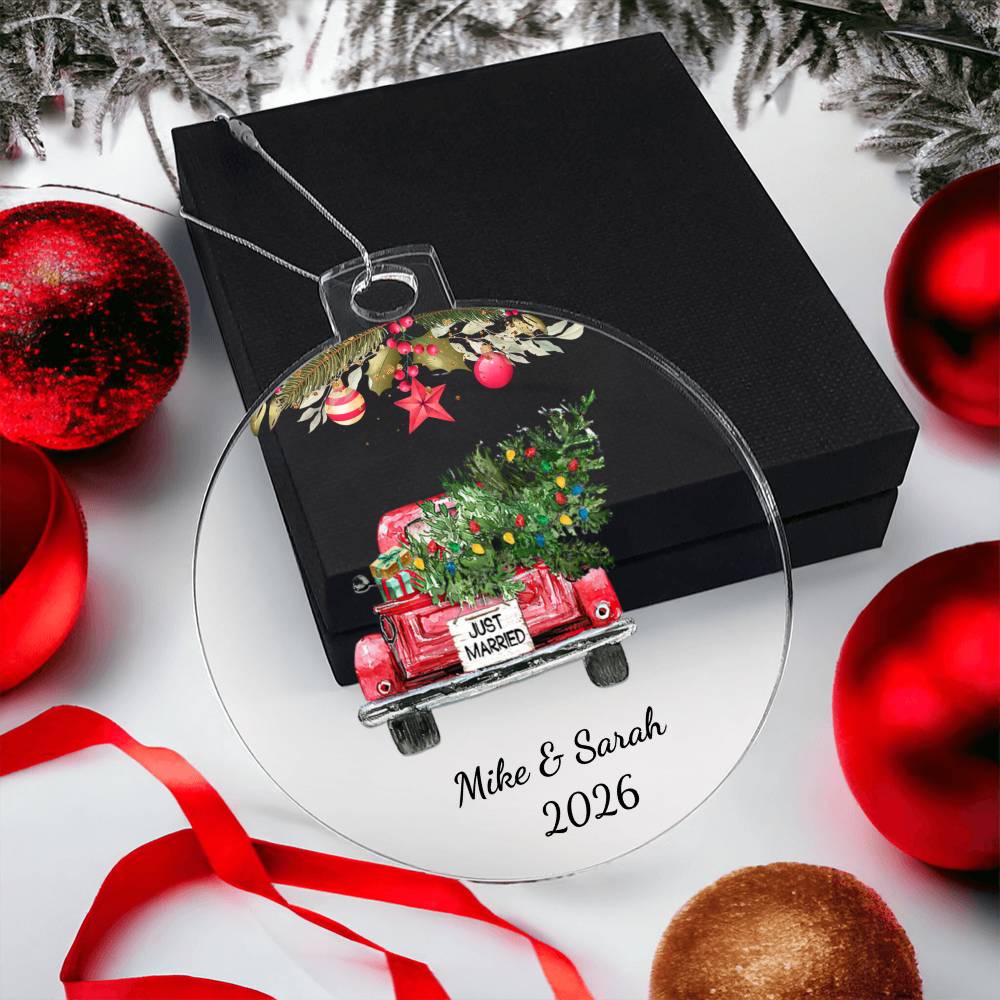 First Christmas Married Ornament, Personalized Acrylic Heart, Vintage Truck Keepsake, Newlywed Holiday Gift, Custom Wedding Ornament