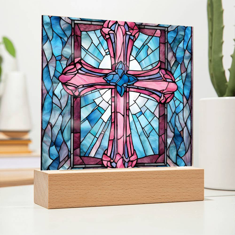 Faux Stained Glass Acrylic Cross Plaque-[Heartfelt Family Gift]