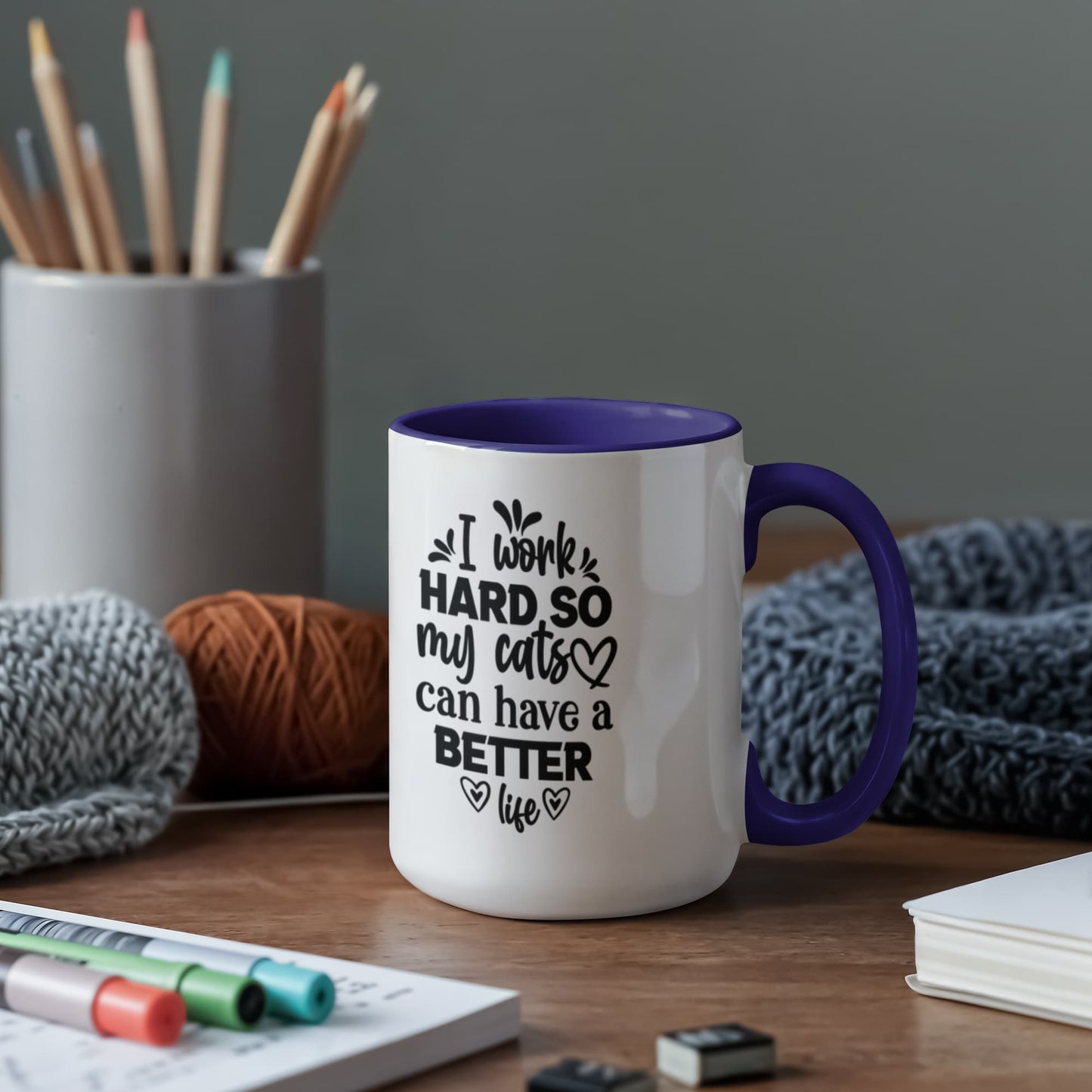 Cat Lover Color Accent Coffee Mug for Office Coworker  - 7 Colors