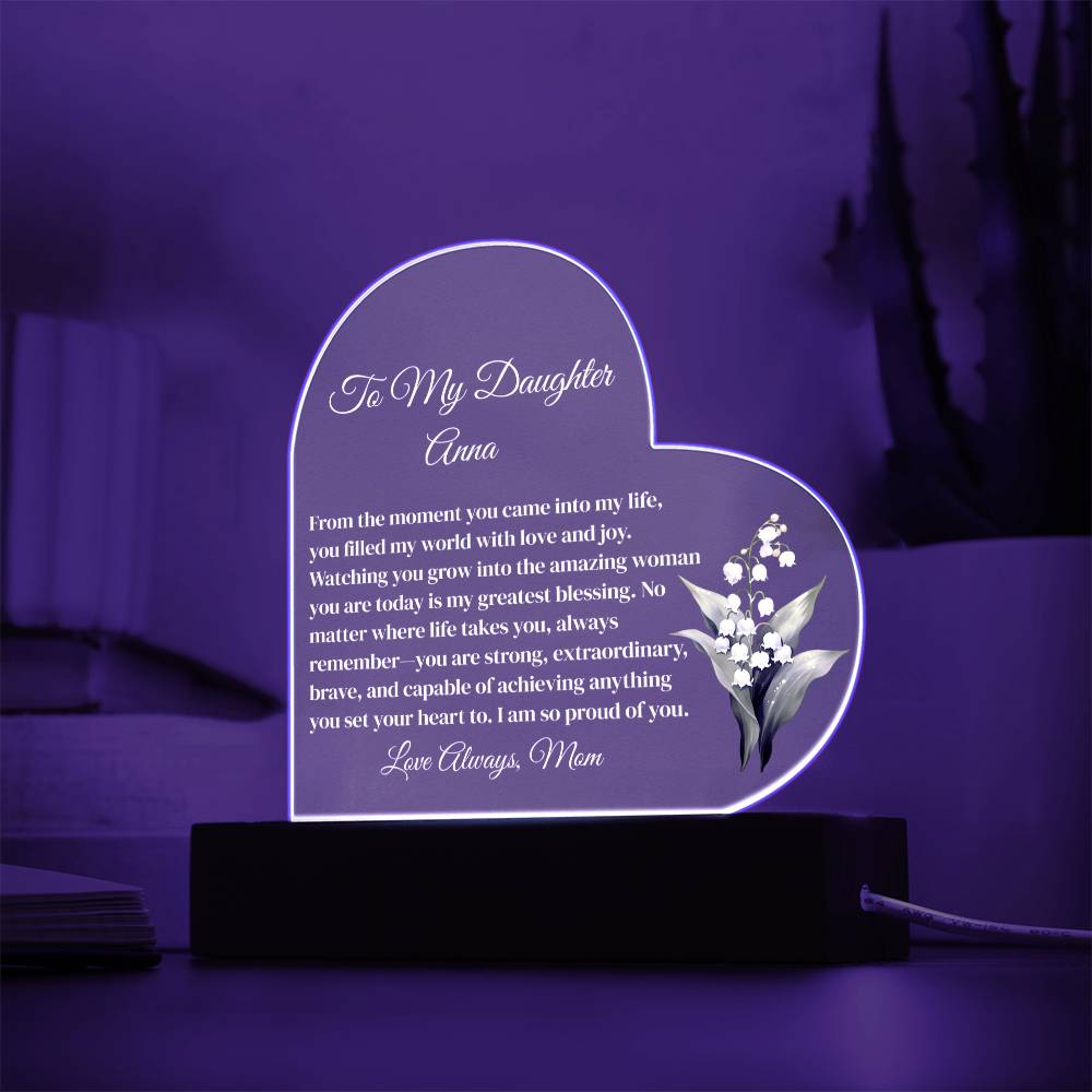 Personalized Daughter Lighted Acrylic Heart Plaque with Birth Flower