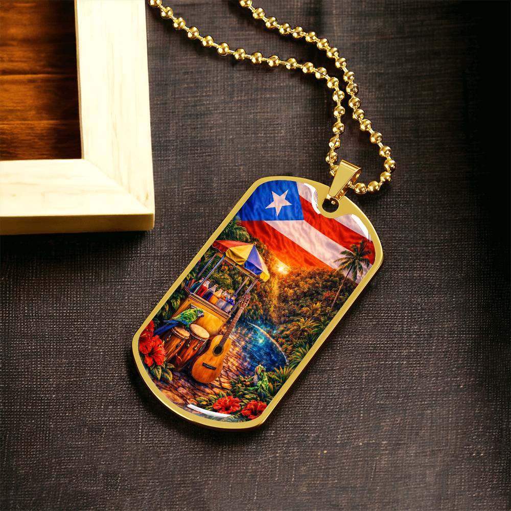 Engraved Puerto Rico Flag Latin American Culture Dog Tag Necklace or Keychain