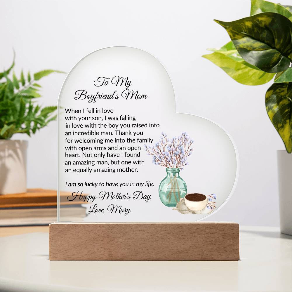 Boyfriends Mom Acrylic Heart Plaque with 2 Lines Personalized Text-[Heartfelt Family Gift]