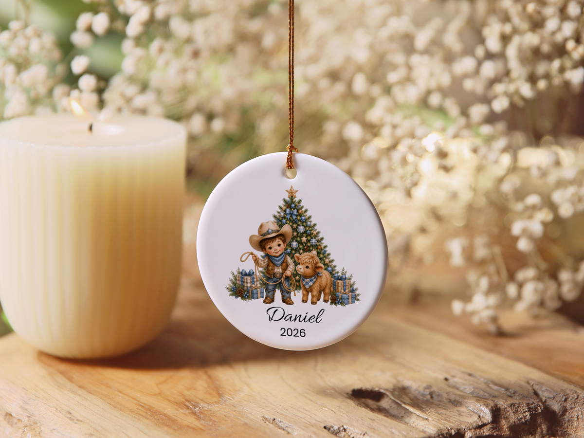 Cowboy and Highland Cow Boy's Christmas Ornament
