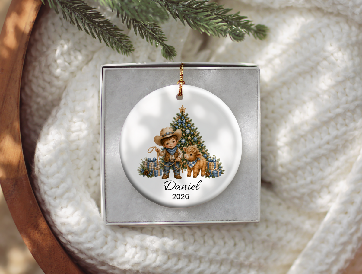 Cowboy and Highland Cow Boy's Christmas Ornament