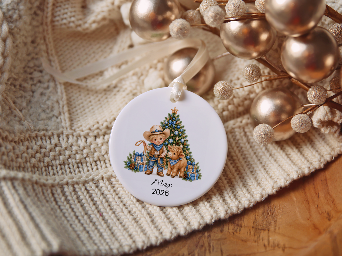 Cowboy and Highland Cow Boy's Christmas Ornament