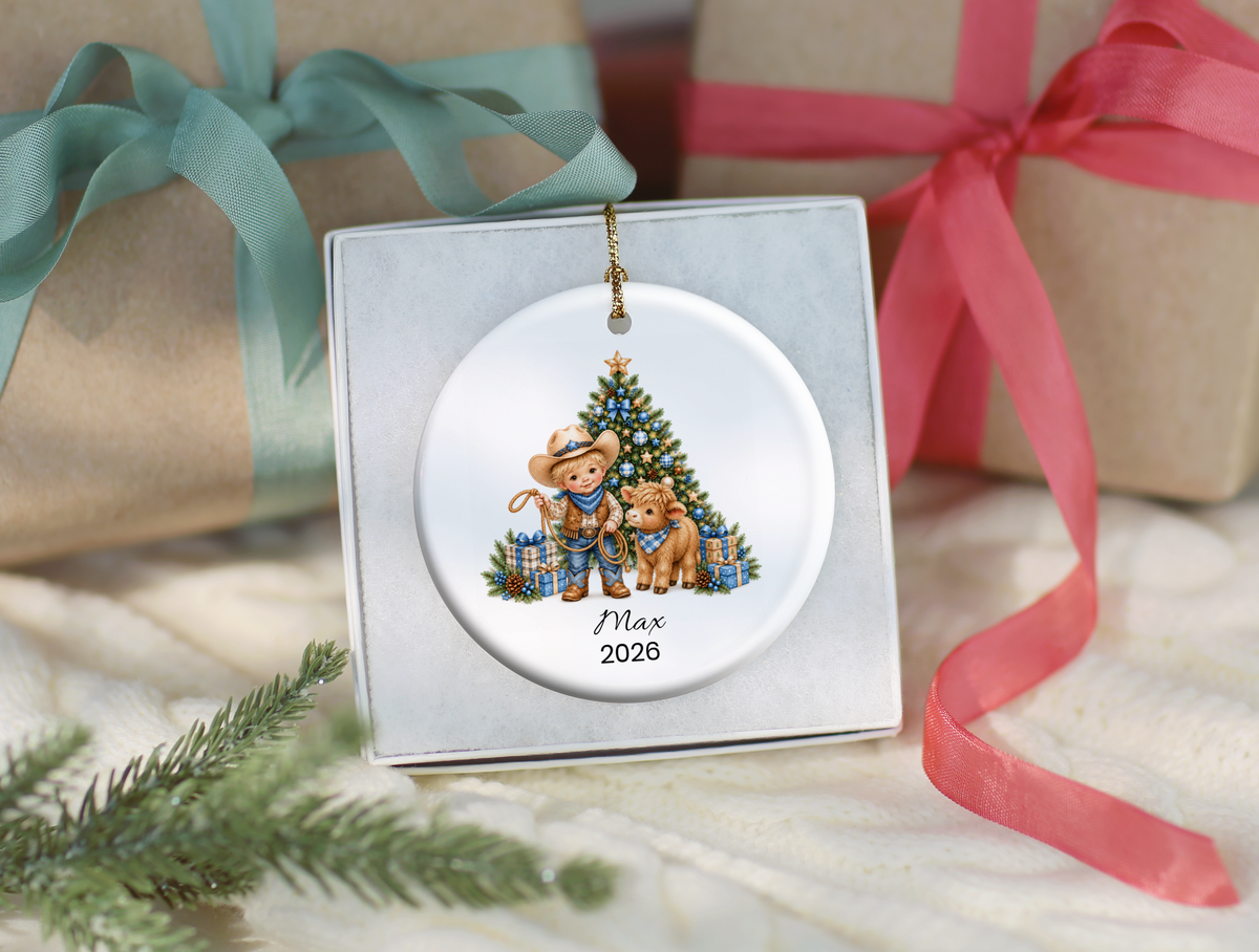 Cowboy and Highland Cow Boy's Christmas Ornament