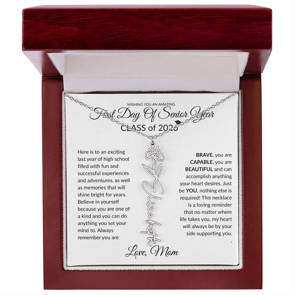 1st Day of Senior Year Class of 2026 Birthflower Name Necklace