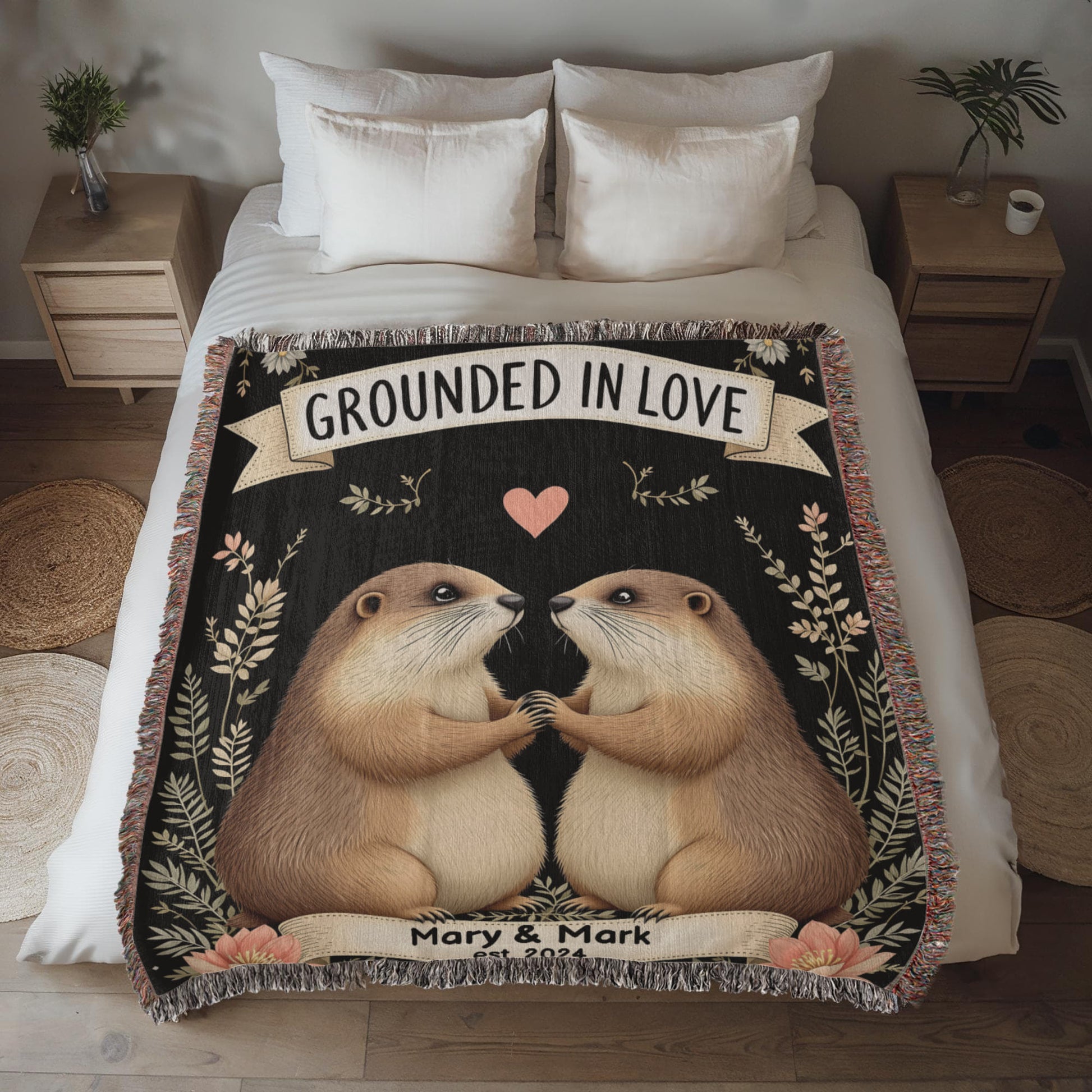 Groundhog Couple Woven Cotton Throw Blanket-[Heartfelt Family Gift]