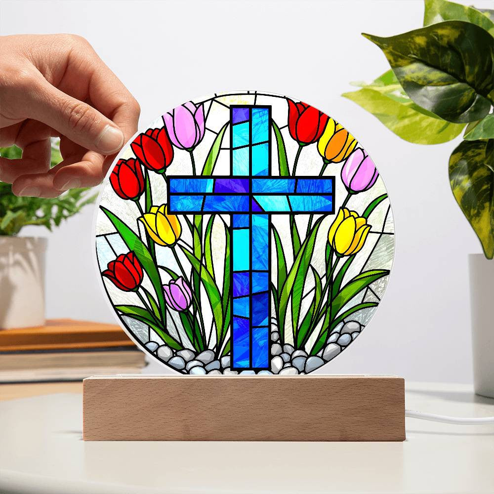 Cross and Tulips Circle Lamp-[Heartfelt Family Gift]