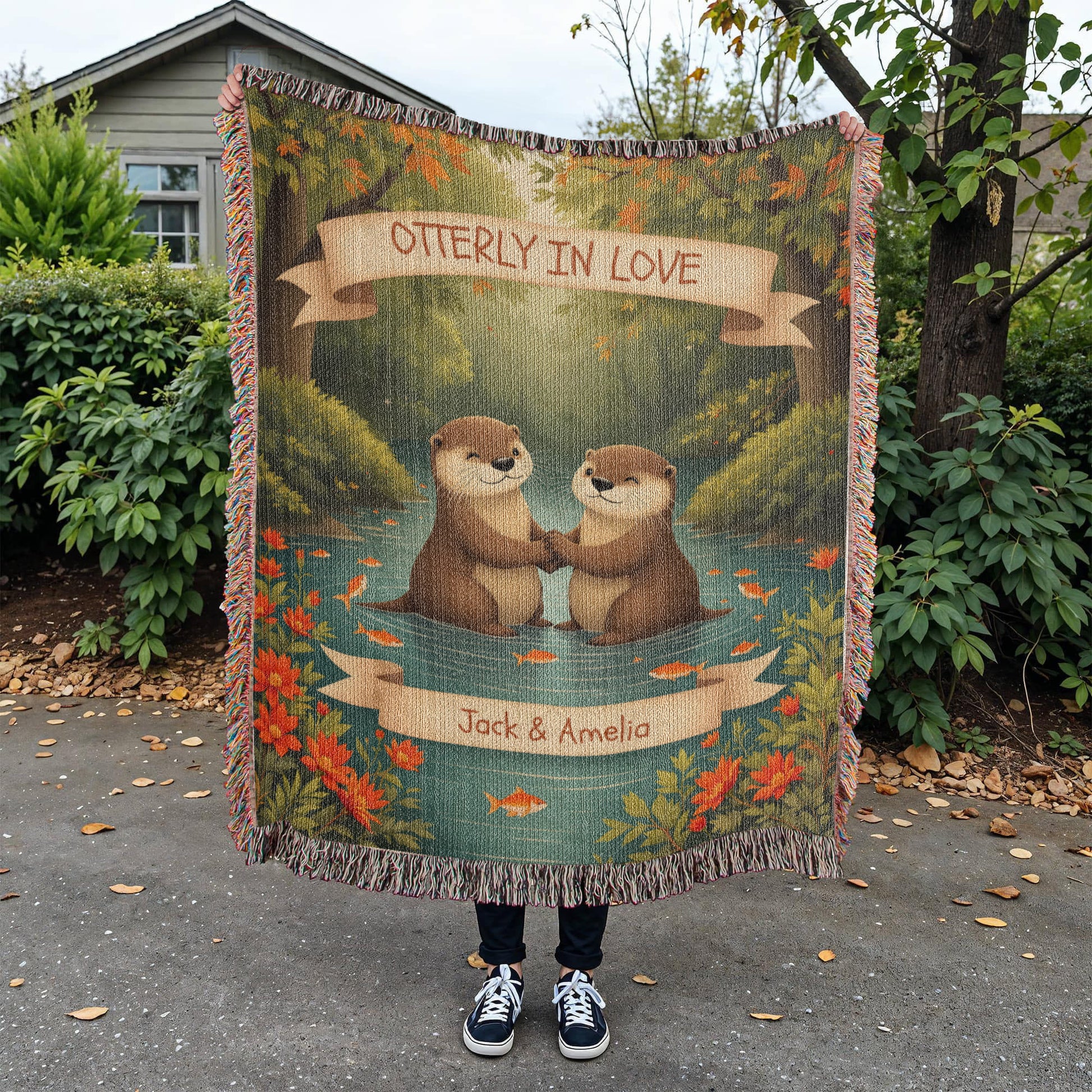 Otter Couple Anniversary Woven Cotton Blanket-[Heartfelt Family Gift]