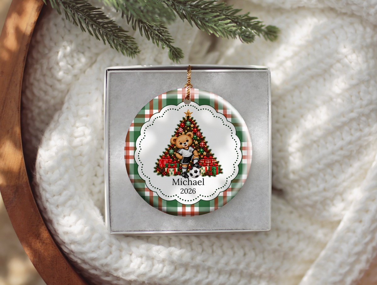 Bear Soccer Player Christmas Ornament