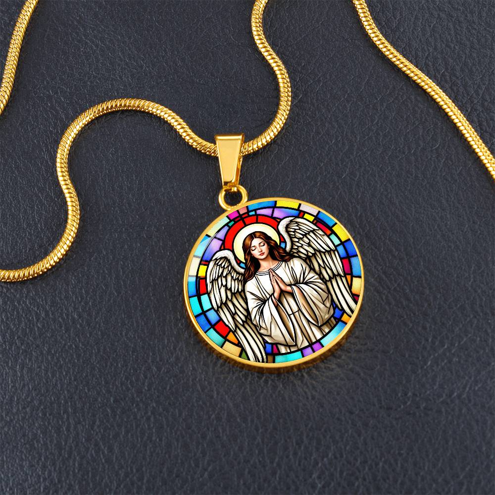 Guardian Angel Faux Stain Glass Pendant Necklace