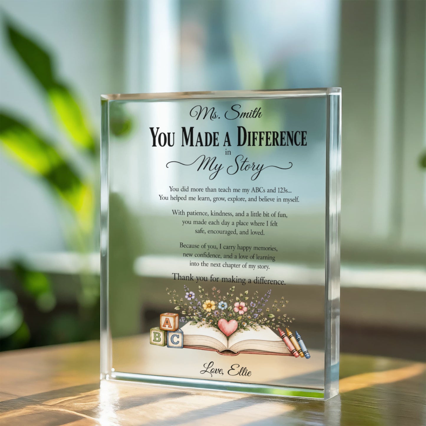 Preschool Daycare Teacher Appreciation Gift, You Made a Difference Acrylic Plaque, Thank You Teacher Keepsake, Educator Christmas Gift