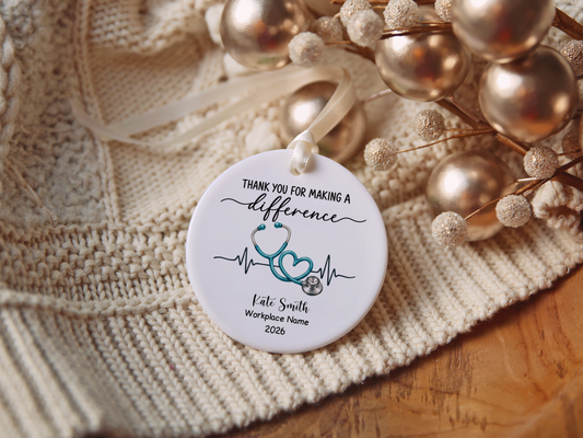 Personalized Nurse Thank You Ornament, Stethoscope Heart Keepsake, Nursing Gift, Nurse Appreciation, Healthcare Worker Christmas Decor