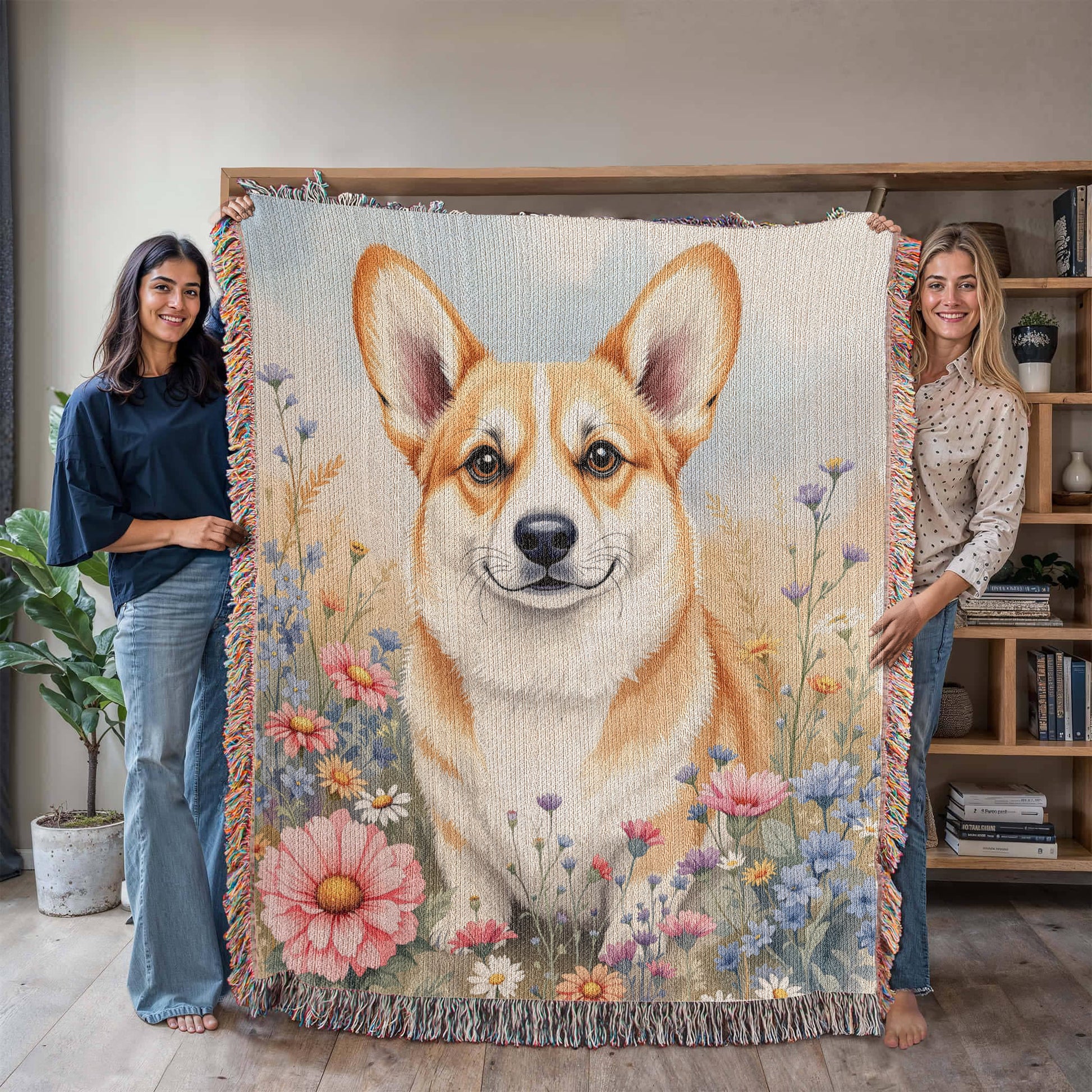 Corgi Dog WIldflower Woven Cotton Blanket-[Heartfelt Family Gift]