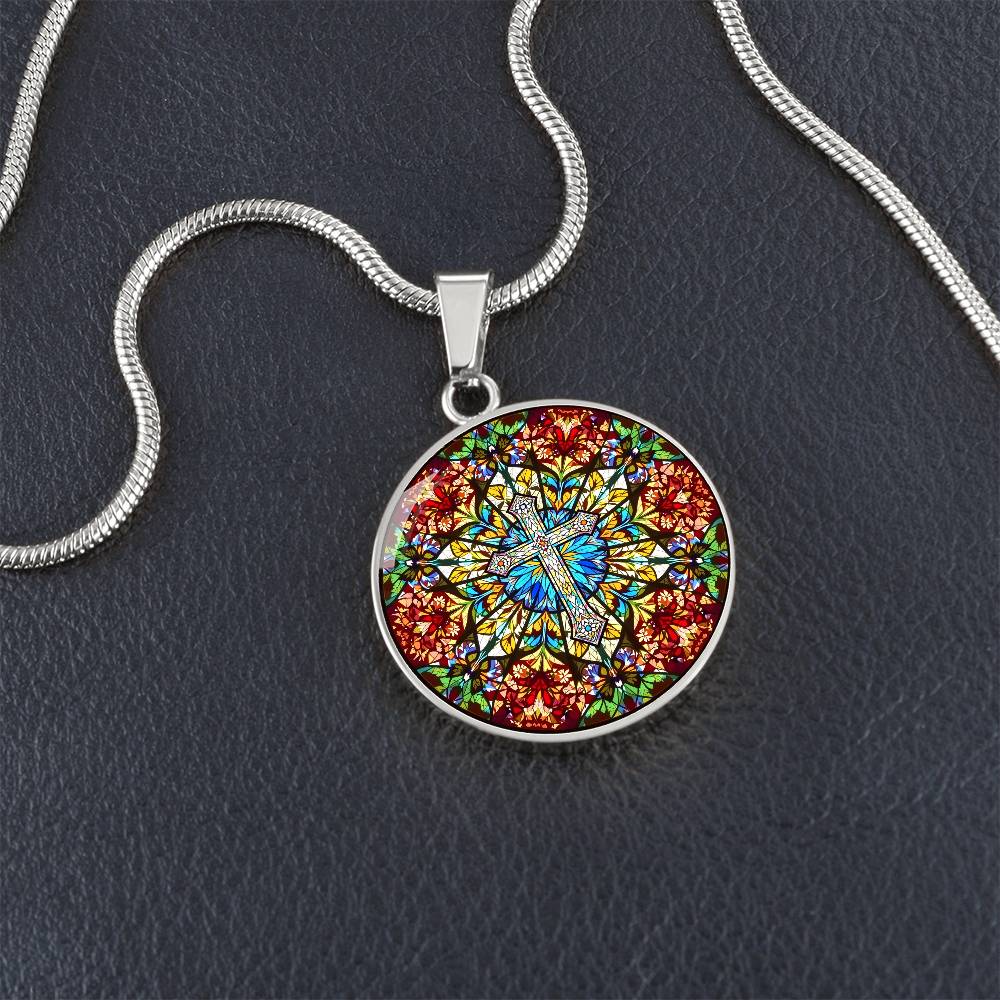 Cross Faux Stain Glass Pendant Necklace