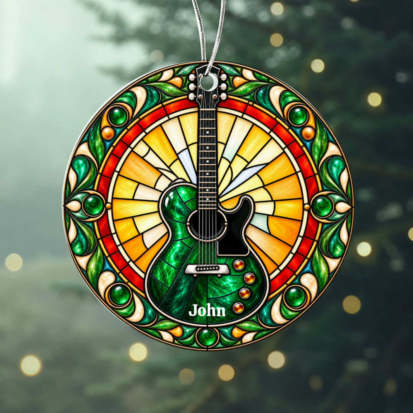Electric Guitar Christmas Ornament, Music Lover Tree Decor, Stained Glass Style Acrylic Hanging Holiday Gift for Guitarists