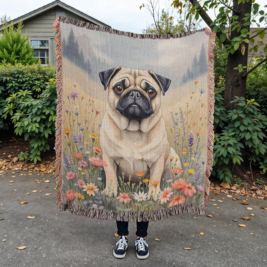Pug Wildflower Woven Cotton throw Blanket-[Heartfelt Family Gift]