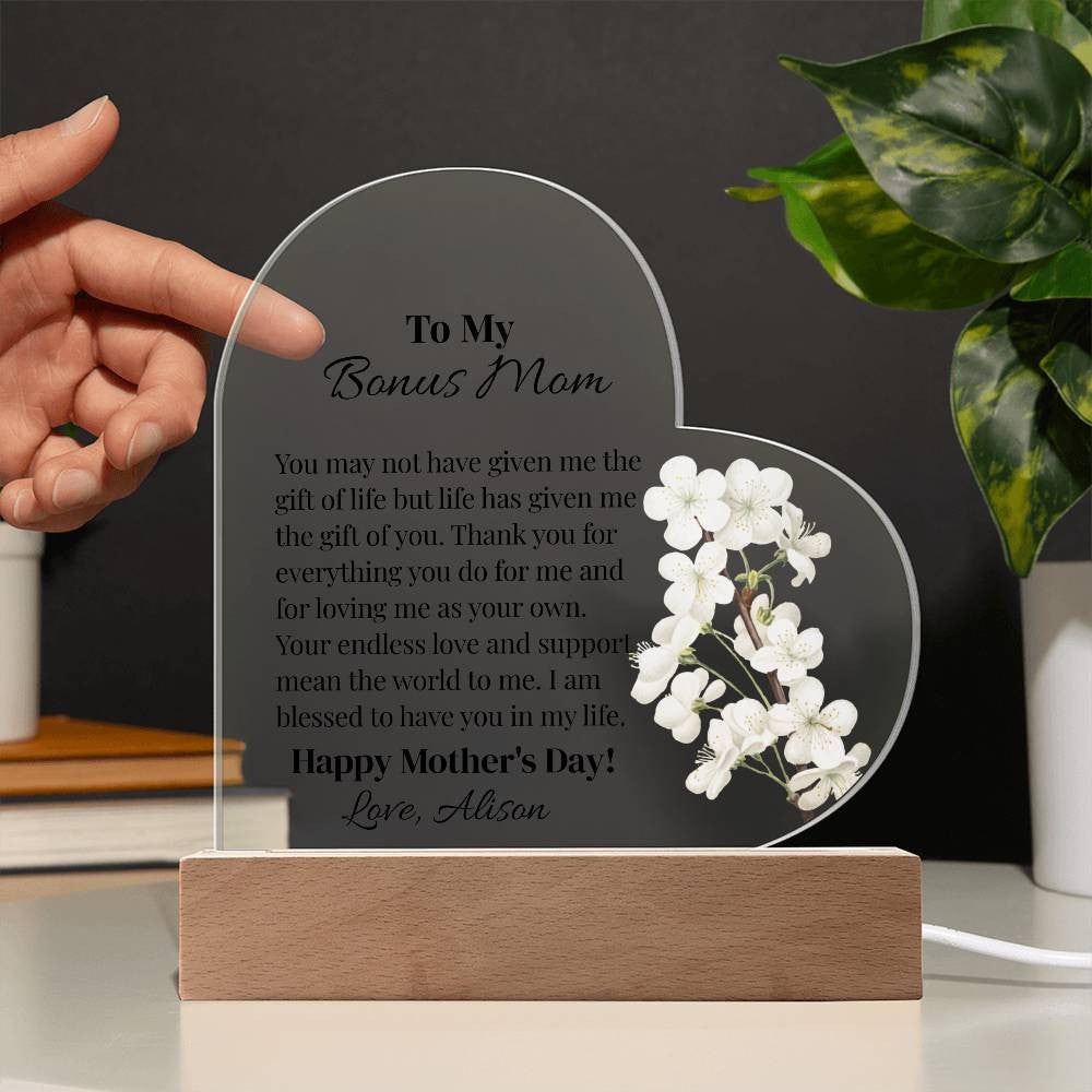 To My Bonus Mom Acrylic Heart Plaque Gift