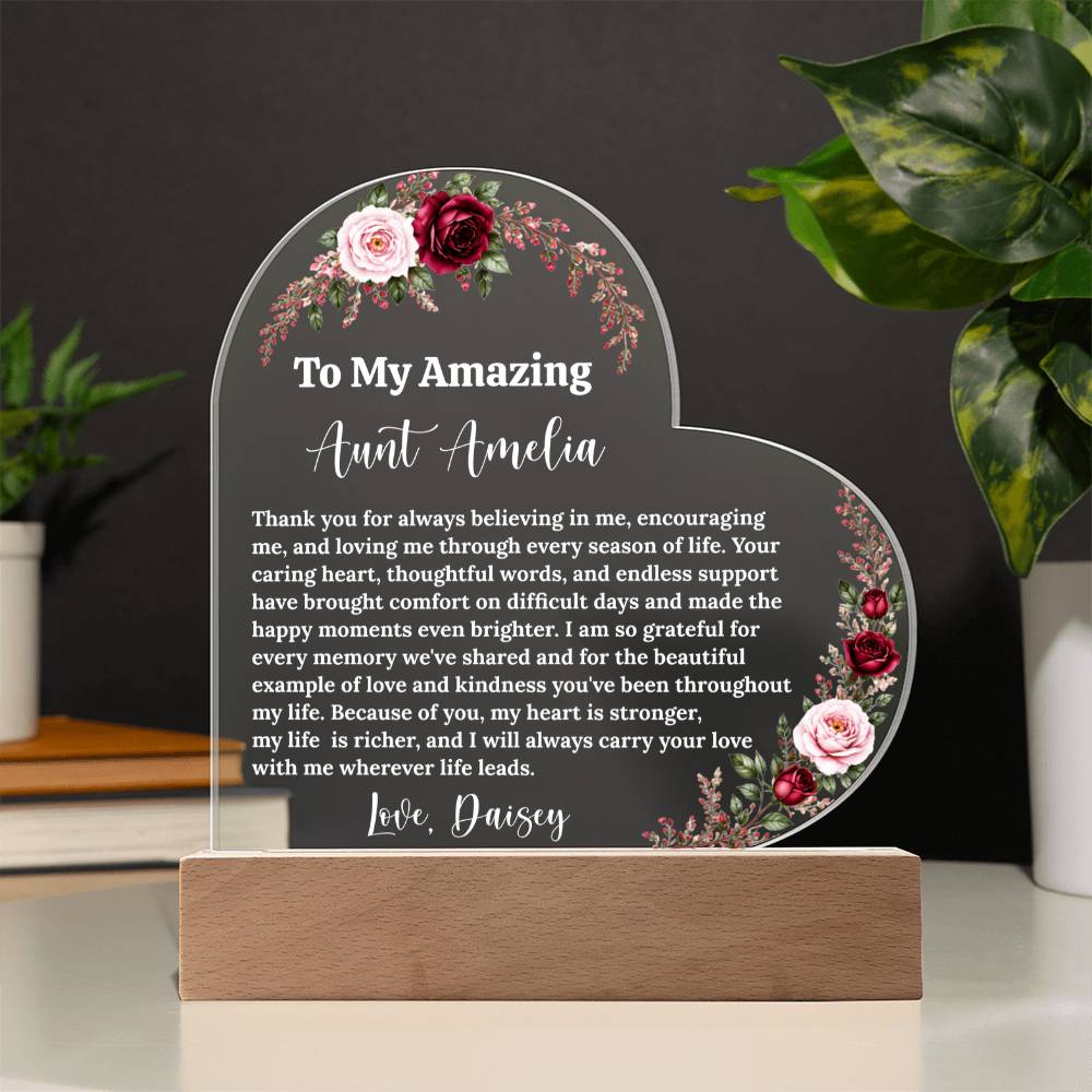 Aunt LED Light Acrylic Heart Plaque, Personalized Gift for Christmas, Birthday, Wedding