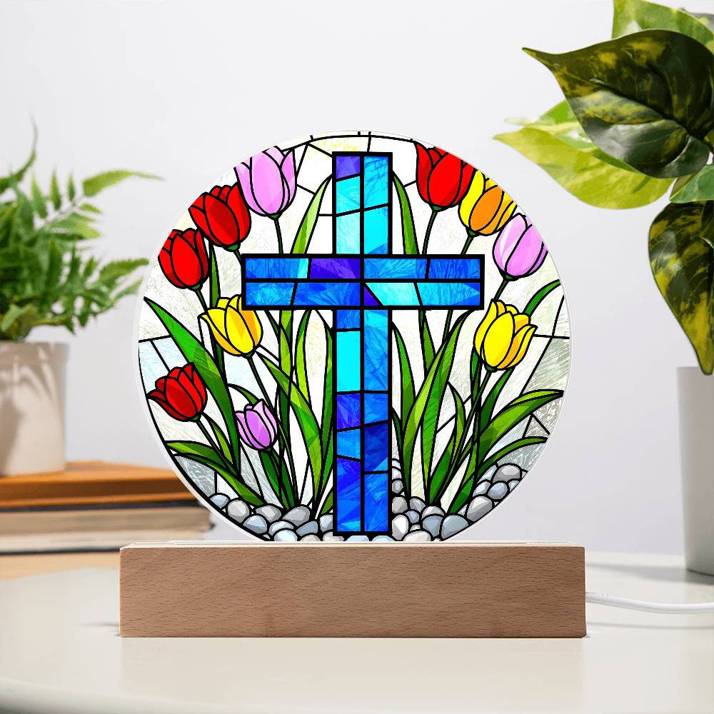 Cross and Tulips Circle Lamp-[Heartfelt Family Gift]
