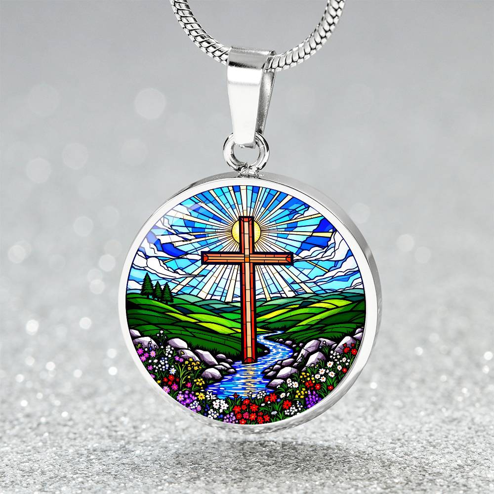 Cross Faux Stain Glass Pendant Necklace