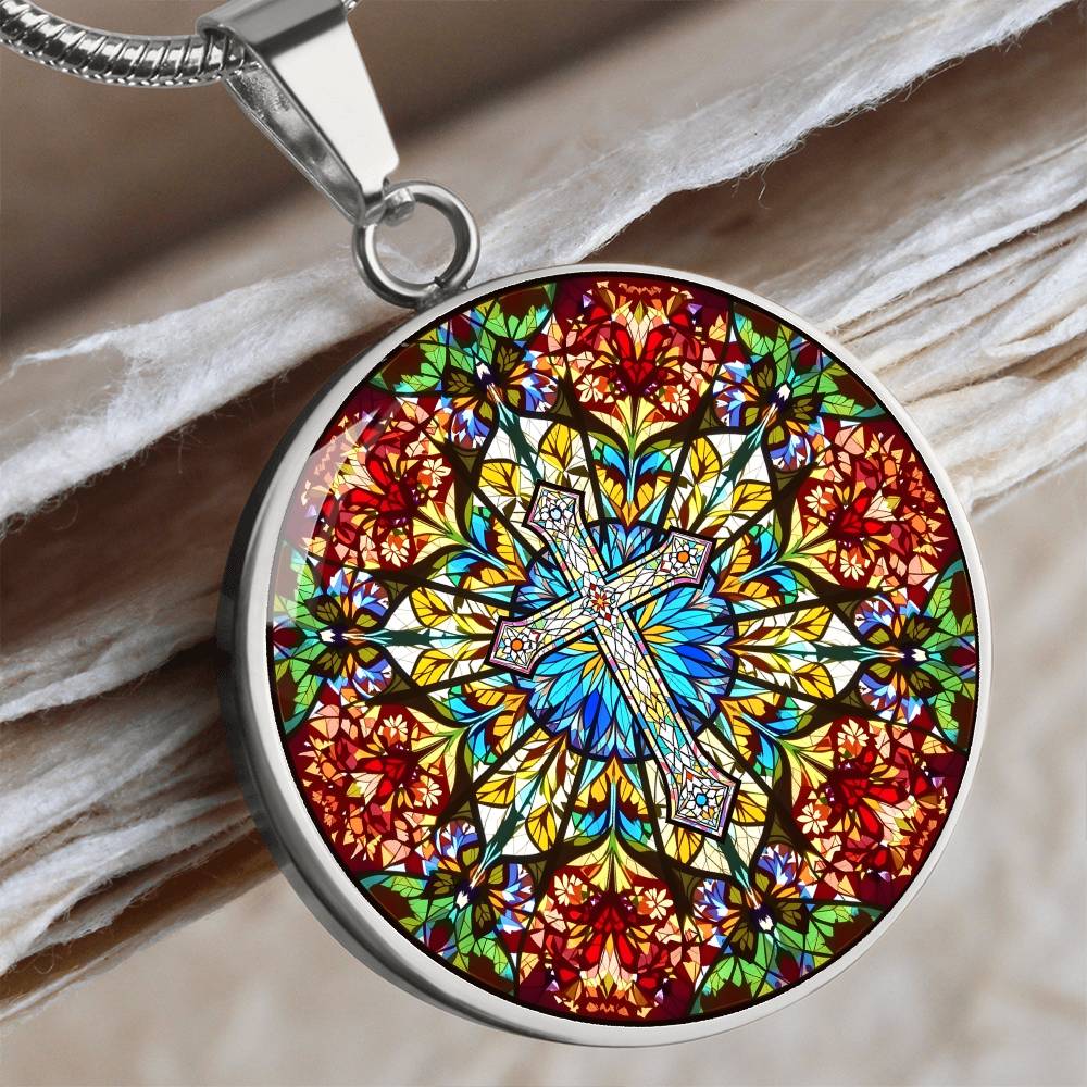 Cross Faux Stain Glass Pendant Necklace