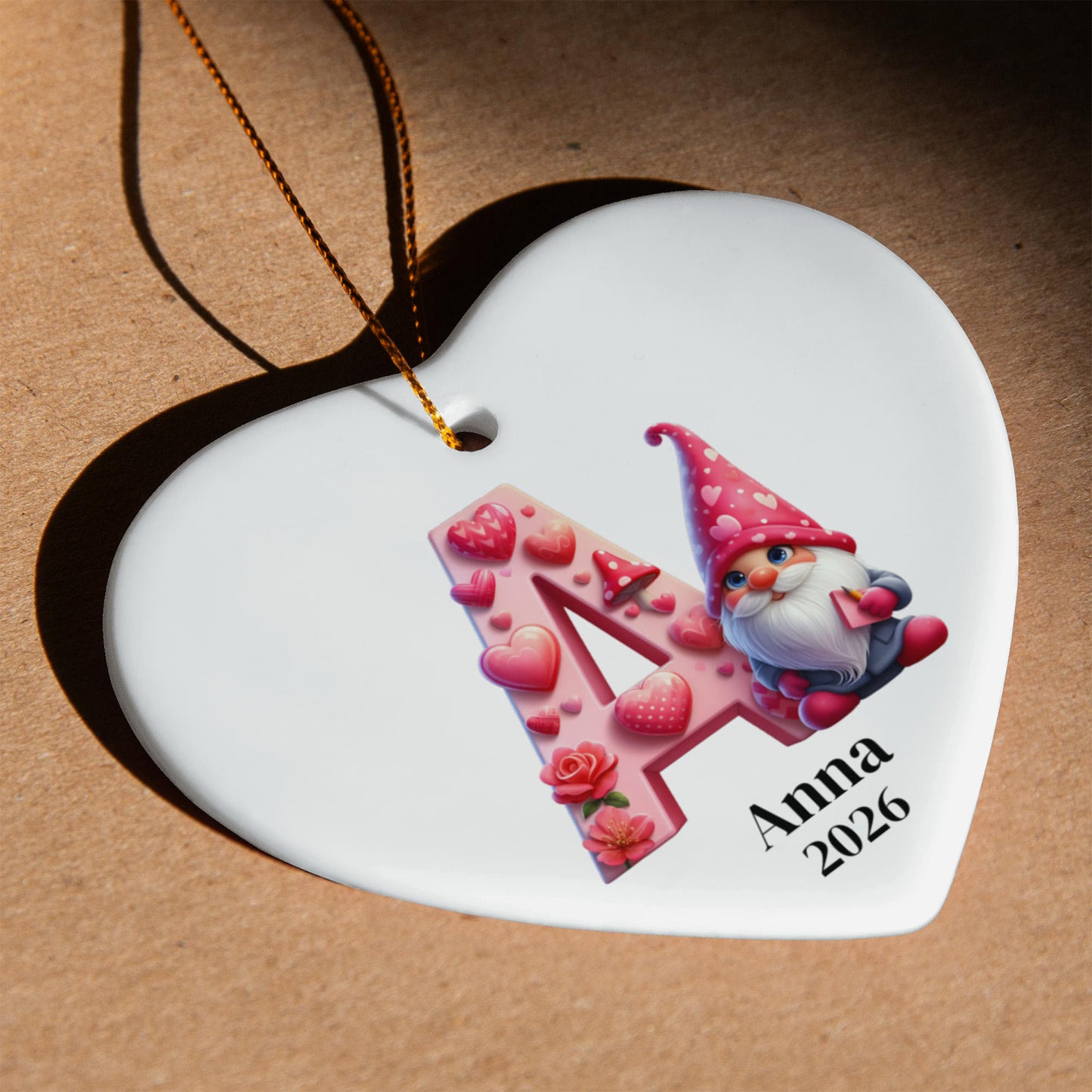 Personalized Heart Ornament, Pink Gnome Christmas Gift, Custom Holiday Decoration, Galentine's Heart Gift for Friend, Monogram, Initial