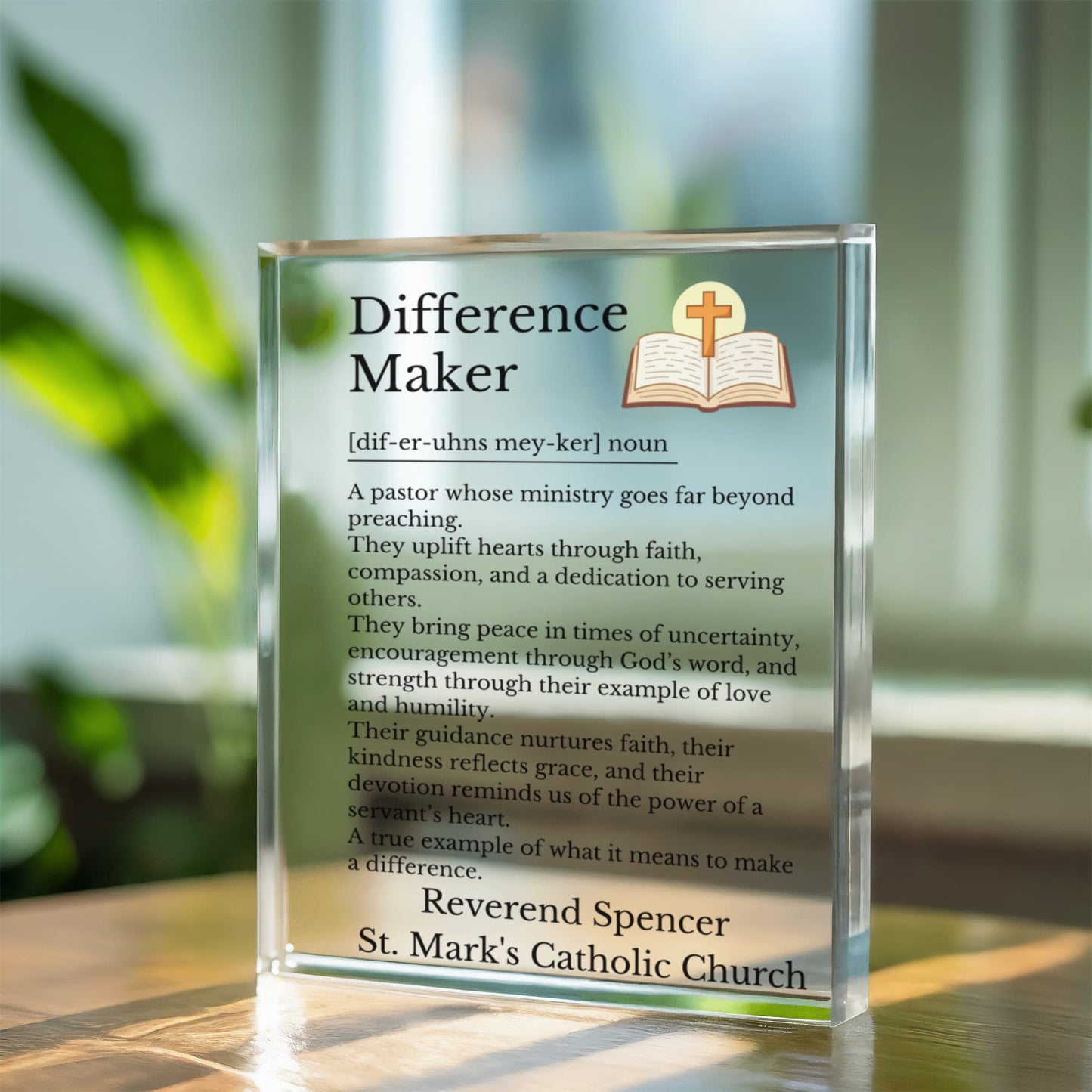 Reverend Pastor Retirement Plaque, Difference Maker Gift, Ordination Keepsake, Personalized Acrylic Block, Pastor Appreciation Gift