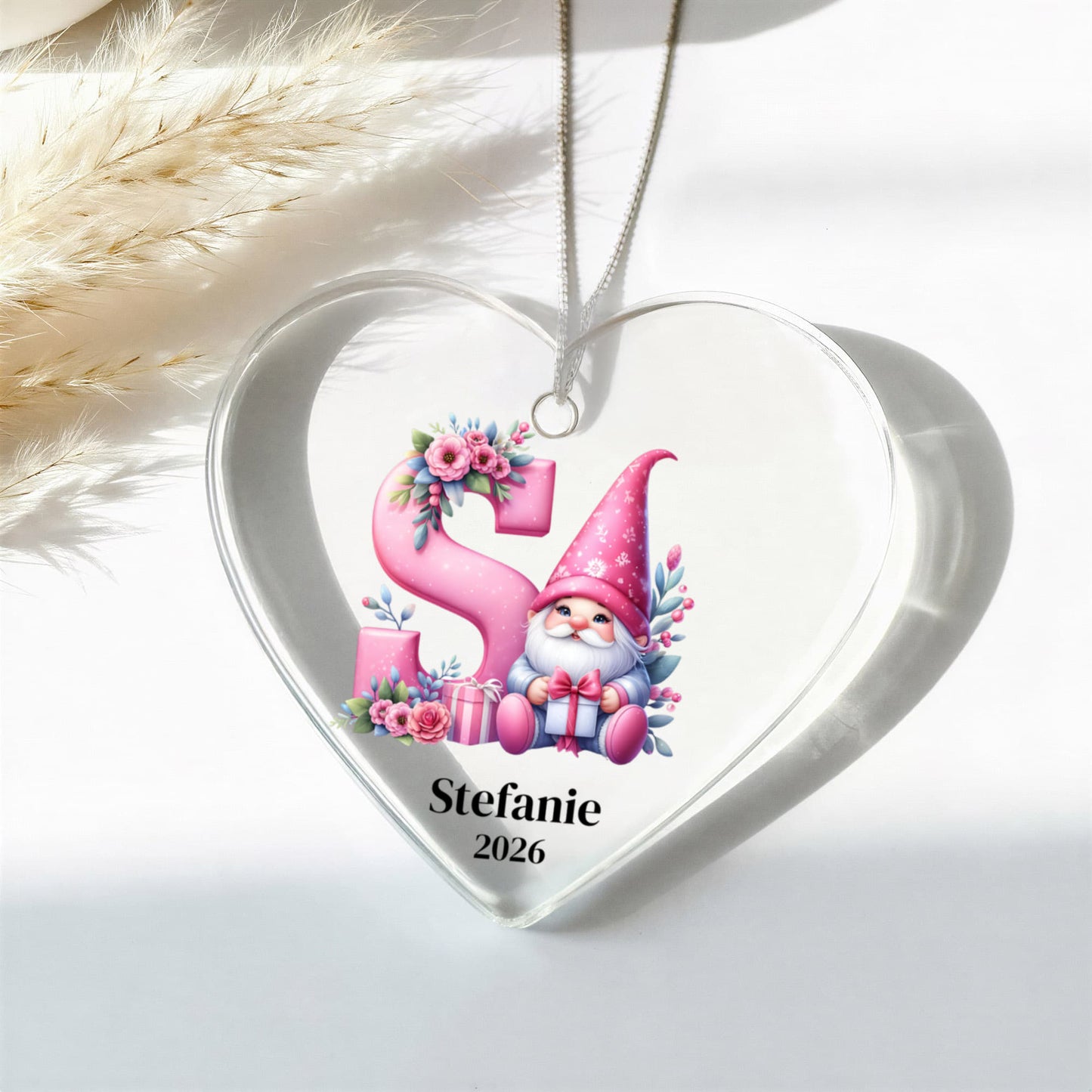 Personalized Heart Ornament, Pink Gnome Christmas Gift, Custom Holiday Decoration, Galentine's Heart Gift for Friend, Monogram, Initial