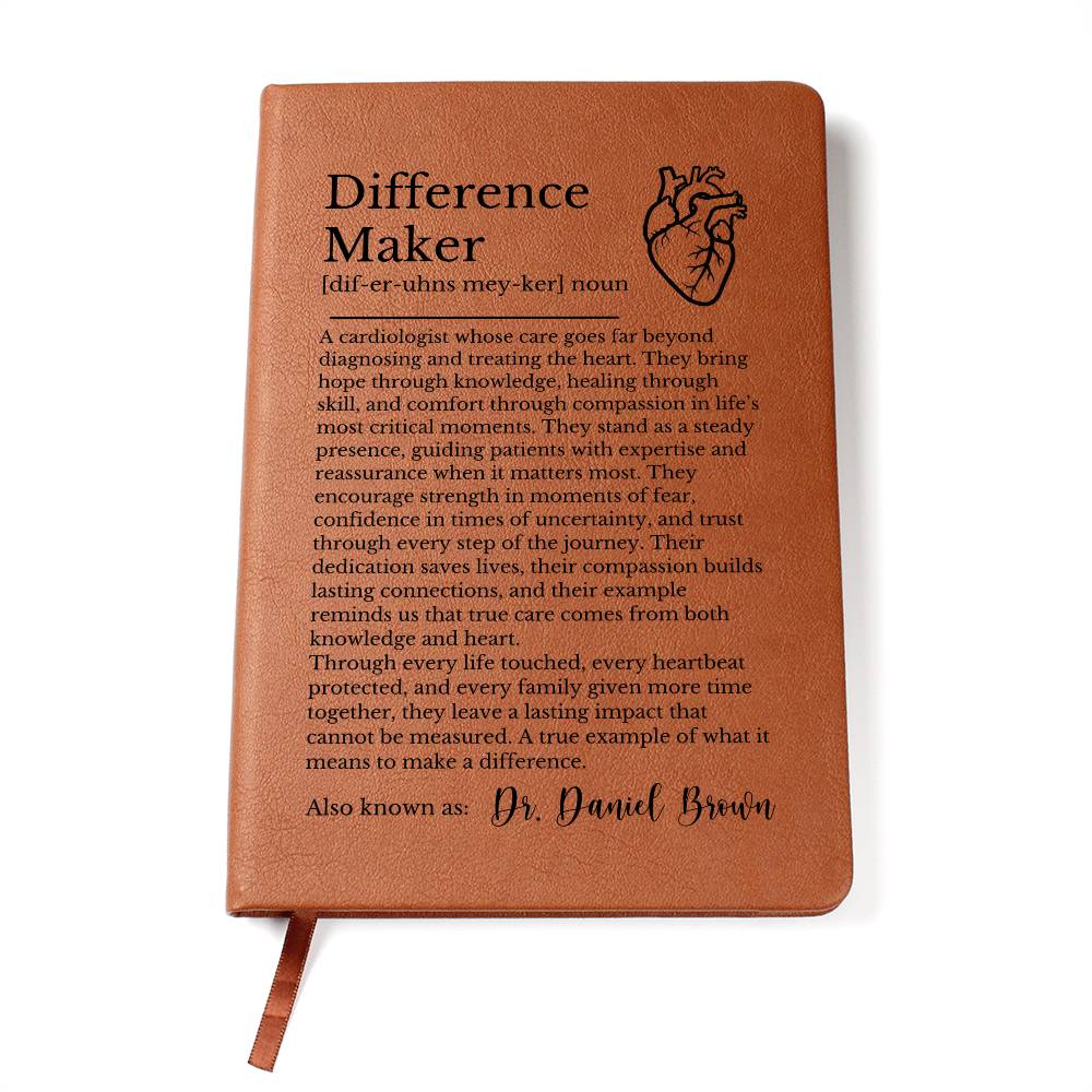 Cardiologist Leather Journal, Thoughtful Difference Maker Gift, Custom Heart Design, Personalized Vegan Notebook, Inspirational Gift