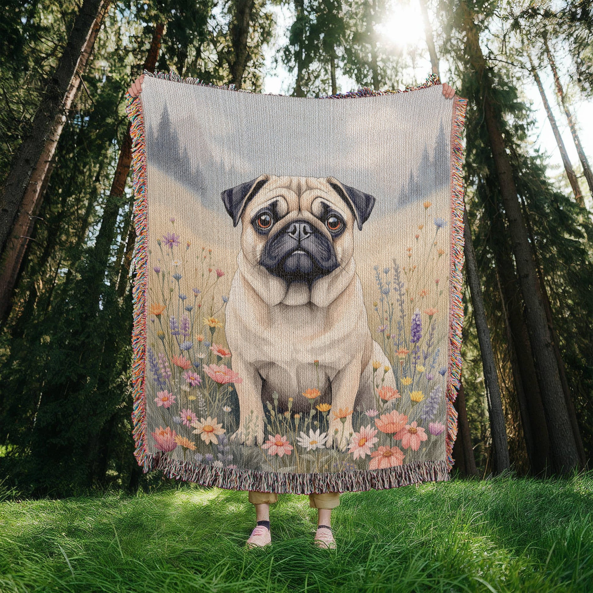 Pug Wildflower Woven Cotton throw Blanket-[Heartfelt Family Gift]