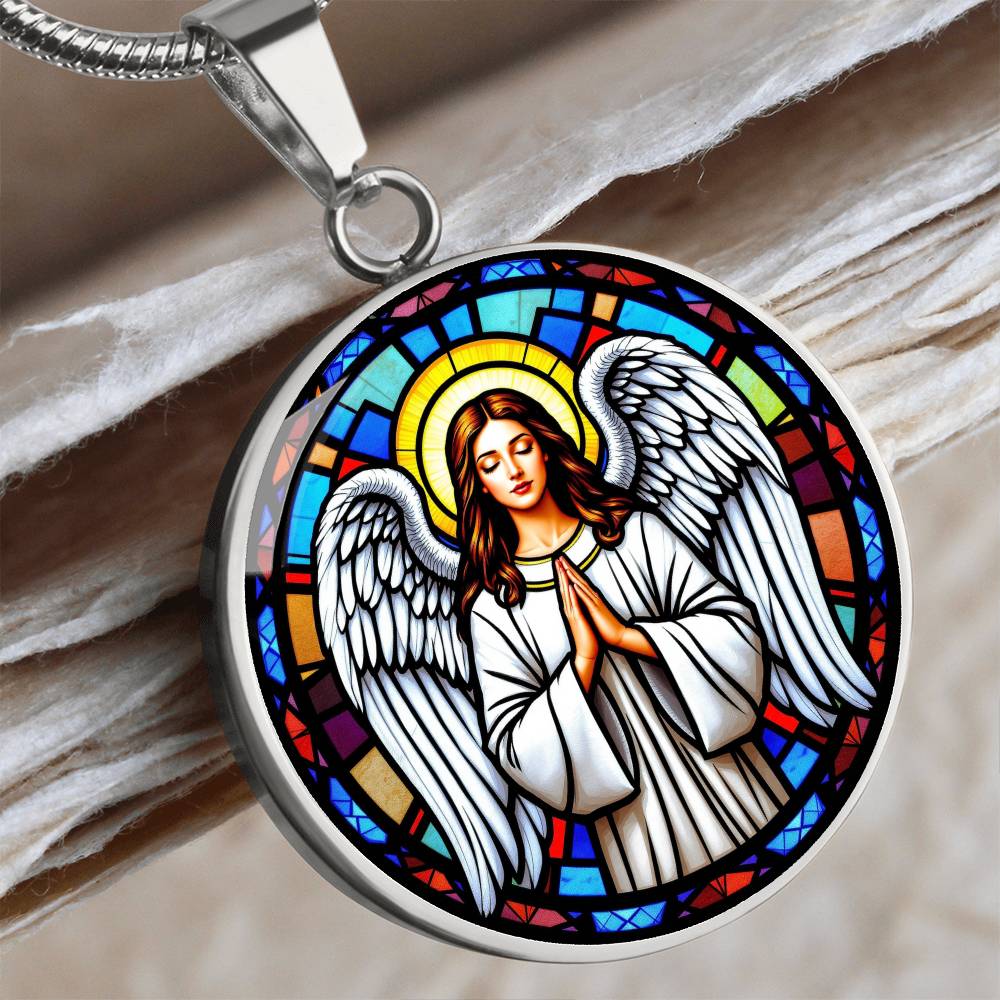 Guardian Angel Faux Stain Glass Pendant Necklace
