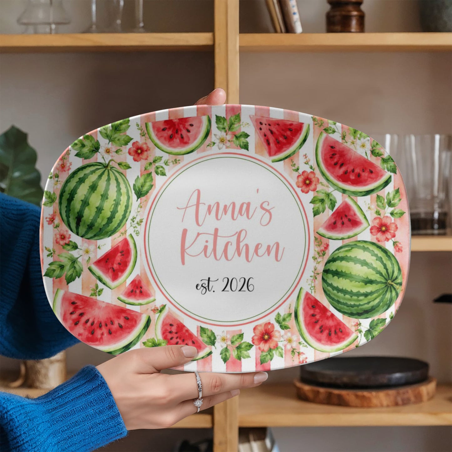 Personalized Watermelon Serving Tray, Custom Name Kitchen Decor, Summer Fruit Platter Gift for Her, Housewarming Party