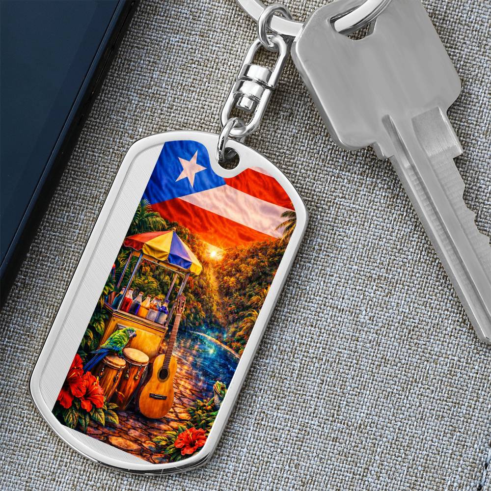 Engraved Puerto Rico Flag Latin American Culture Dog Tag Necklace or Keychain
