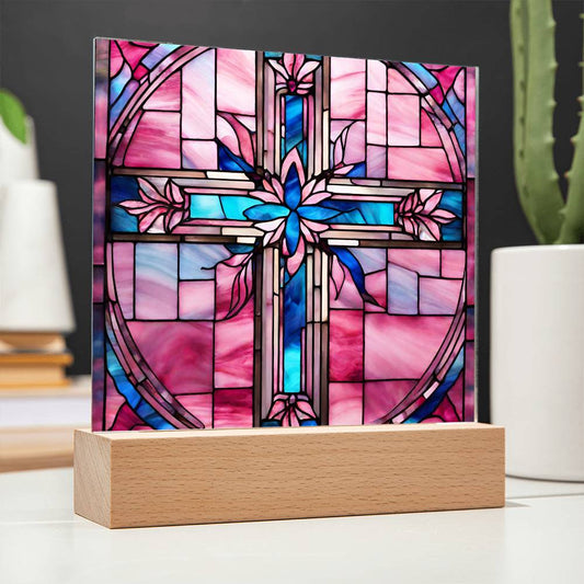 Pink and Blue Cross Stained Class Look Acrylic Plaque Bedside Lamp-[Heartfelt Family Gift]